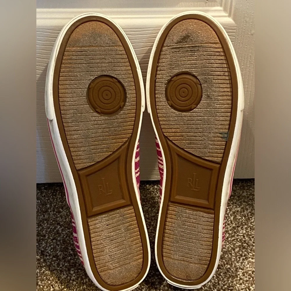Women Lauren Ralph Lauren White& Pink Janis Leather Slip On Sneakers Shoes Sz 8B